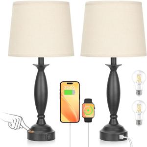 Seealle Beige Lamps for Bedrooms Set of 2 - Touch Control Bedside Lamp with USB C+A, 3 Way Dimmable Nightstand Lamps with USB Port, Table Lamp for Living Room(Beige Shade and Black Base)