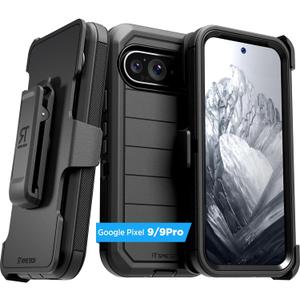 Designed for Google Pixel 9 & Pixel 9 Pro Case with Belt Clip Holster & Kickstand, Screenless Dual-Layer Shockproof Phone Case - Black