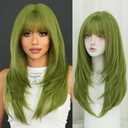 7JHH WIGS Long Straight Green Synthetic Wig with Bangs 25inch Layered Straight Middle Length Heart Resistant Synthetic Fiber Wig Natural Looking Wigs for Women Party Cospaly Wig and Daily Used