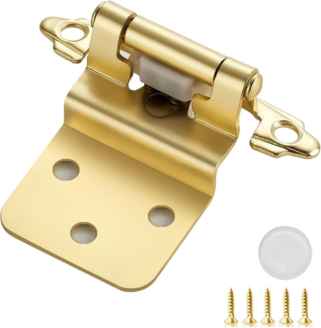 50 Pack (25 Pairs) 3/8 Inch Insert Kitchen Cabinet Hinges, Satin Brass Self Closing Hinges for Kitchen Cabinet Doors, Semi-Concealed Cupboard Hardware, Face Mount Hardware, Gold