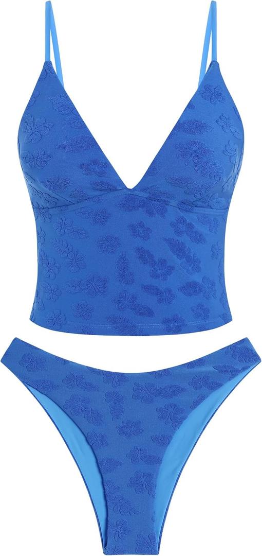 ZAFUL Women's Spaghetti Strap Tankini Swimsuits V Neck Tummy Control Tie Side Thong Bikini Swimsuits 2 Piece Bathing Suits (Large, 1-a-deep Blue)