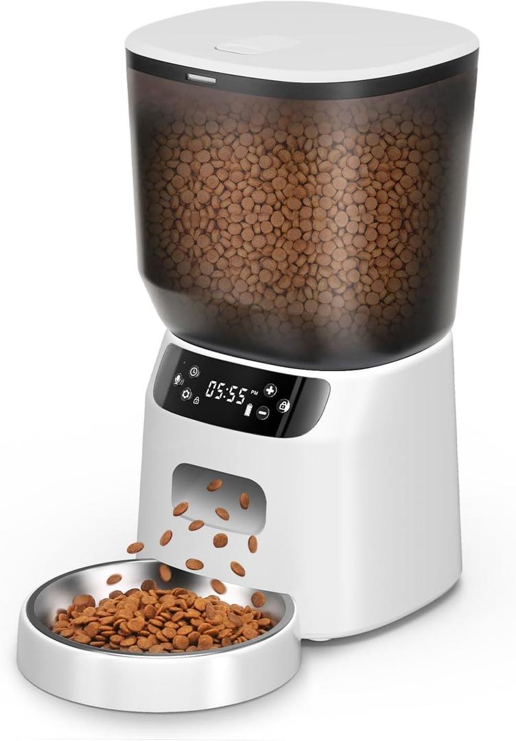 Automatic Cat Feeder, Cat Food Dispenser with Stainless Steel Bowl, Timed Portion Control 20 Portions 6 Meals Per Day, Voice Recorder, Dual Power Supply for Small Dogs (Black)