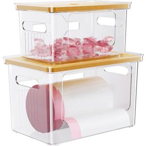 Delamu Acrylic  Bag Holder, 2 Pack (XL+S) Stackable Garbage Bag Dispenser, Clear Organizer Bins for Under Sink Organization, Pantry Storage, Cabinet, Kitchen, Laundry, Bathroom