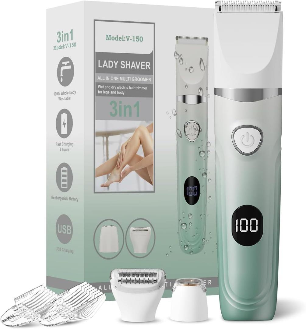 Bikini Trimmer for Women, 3-in-1 Electric Razors for Women, Waterproof Bikini Shaver Replaceable Facial, Body Trimmer for Pubic Hair, Painless Razor for Hair Trimmer, Mint Green