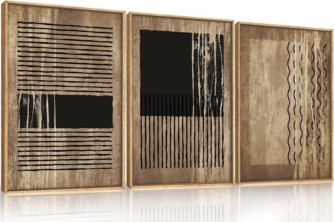 CHDITB Abstract Line Wall Decor, Vintage Black Brown Framed Canvas Wall Art, Mid Century Modern Art Print Home Decor, Boho Neutral Minimalist Painting For Living Room Bedroom Dining Room Office 16"x24