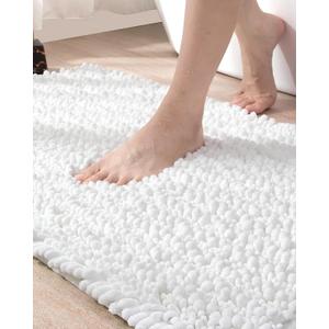 DEXI Bathroom Rug 24x43, Super Soft Thick Chenille Absorbent Bath Mat, Non Slip Machine Washable Fluffy Shag Bathmat for Tub, Shower Floor, White