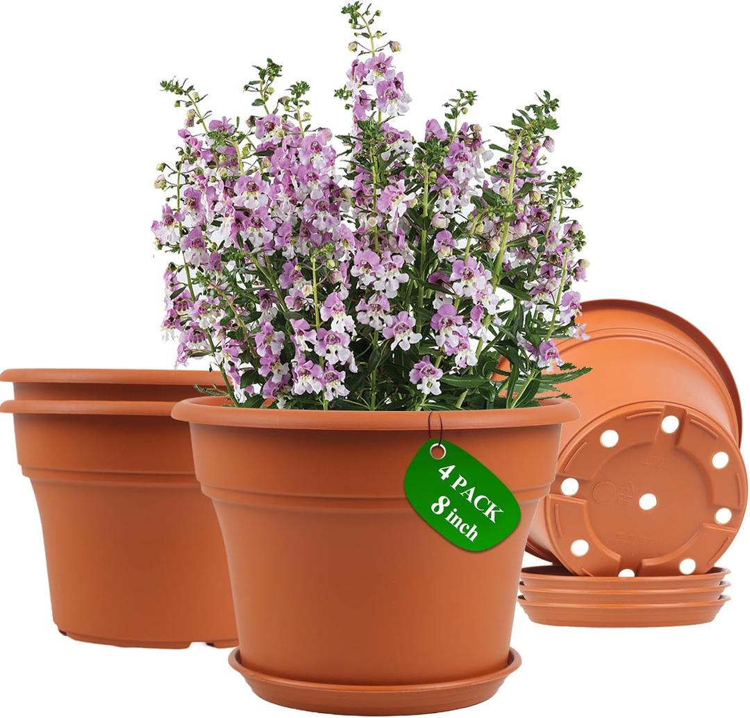 Pottiffe 8 Inch Plastic-Flower Pot-for-Indoor Plants, 4 Pack Large Outdoor Planter Pot with Drainage Holes & Saucers, Resin Decorative Garden Pots Planters