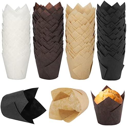 Ruisita 200 Pieces Mini Tulip Cupcake Liners, Tulip Baking Cups, Greaseproof Cupcake Muffin Liners, Muffin Cases Wrappers for Wedding Birthday Party Baby Shower, Brown, White, Natural, Black