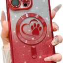 for iPhone 16 Pro Max Case, Glitter Clear Cute Paw Love Heart, Compatible with MagSafe, Strong Magnetic Full Camera Lens Protection Cover, Soft Slim Bling Phone Case 6.9" - Red
