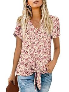 Addtoo Women's Summer Plus Size Casual Button Down Shirts Tie Knot V-Neck Blouses Chiffon Tops, XX-Large