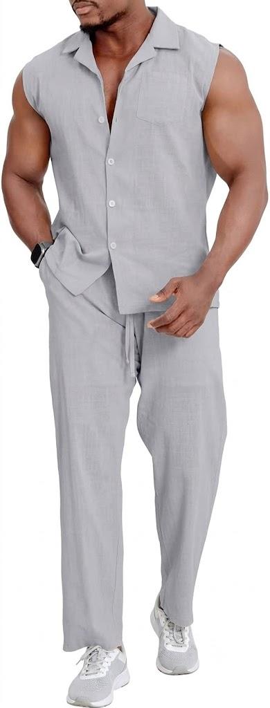 Mens Linen Sets 2 Piece Outfits Sleeveless Shirt and Pants Set Vacation Outfit for Men Summer Beach Suits, Light Gray, 3XL