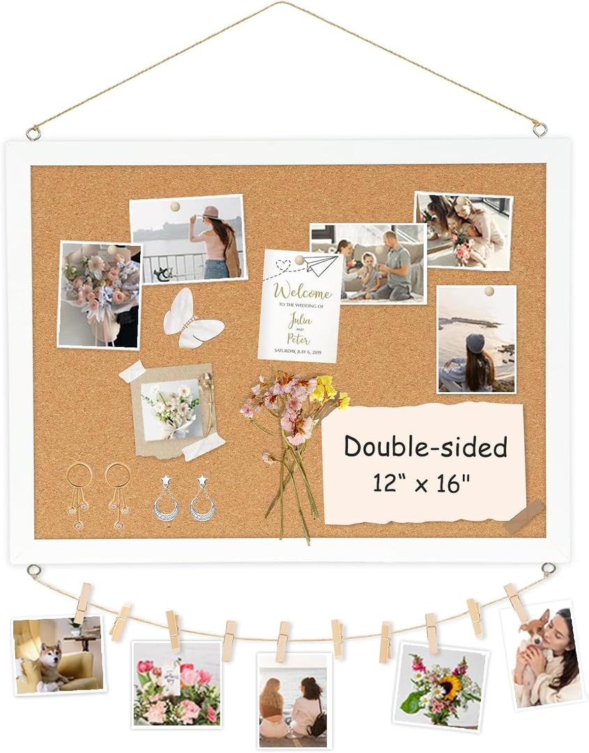 Double-Sided Cork Board for Wall, 16" x 12" Hanging Wood Framed Small Bulletin Board, Picture Display Vision Board Corkboards for Wall Room School Office Decor, 20 Pushpins (Vintage White)