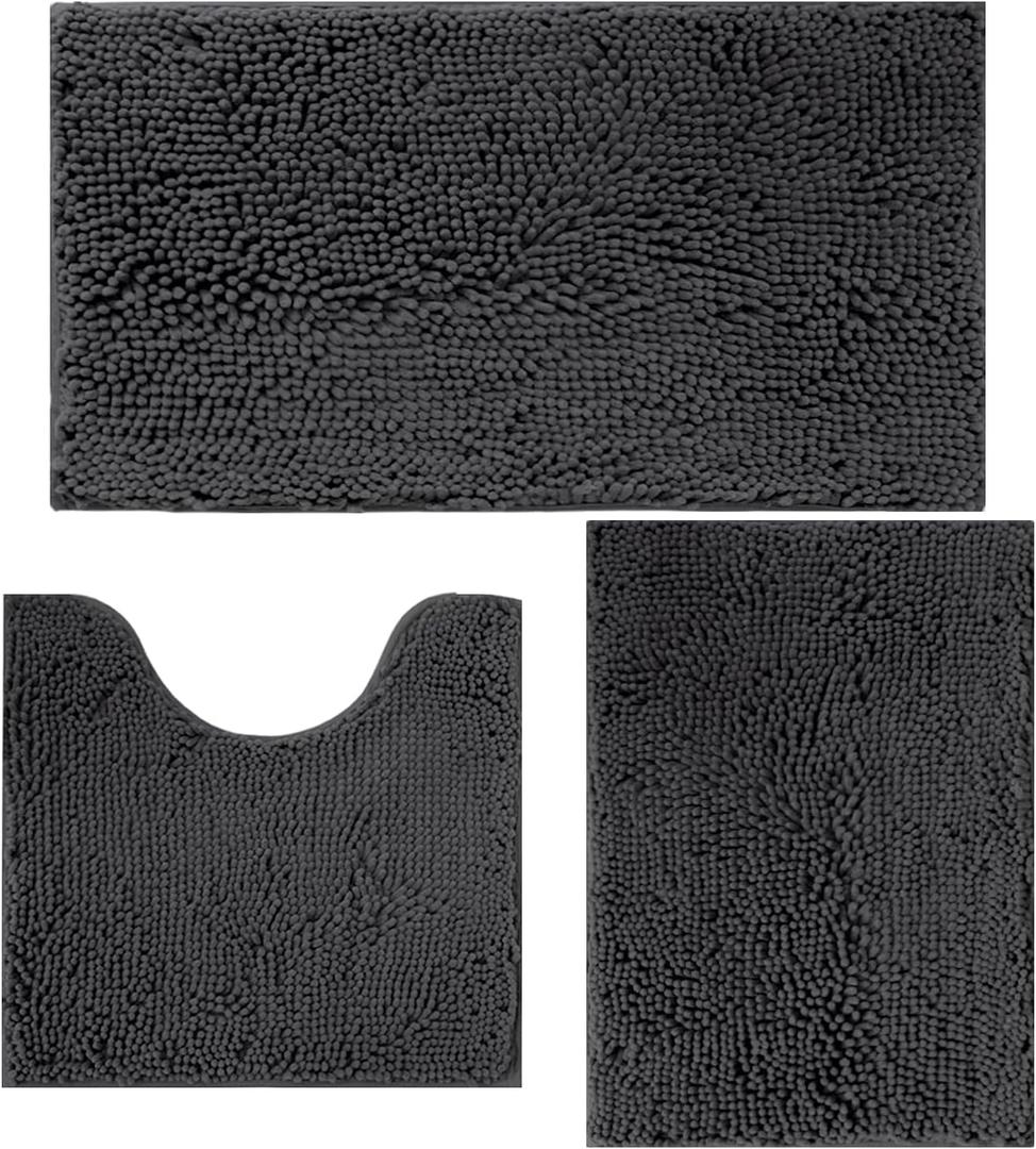 Bathroom Rugs Sets 3 Piece Non Slip,Bath Rugs with PVC Backing Bath Carpet,Bathroom Rug Washable,Absorbent,Plush Carpet Mats,Bath Mats for Bedroom, Kitchen,Tub,Home Decor(Dark Grey) (16x24"+20x20"U shape+20x32")