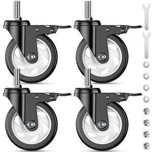 4 inch Stem Caster Wheels, 1/2" -13 x 1 Threaded Stem Casters Set of 4(Stem Diameter 1/2", Length 1"), Swivel Heavy Duty Dual Locking Caster, No Noise Industrial Castor Wheels for Cart, Furniture
