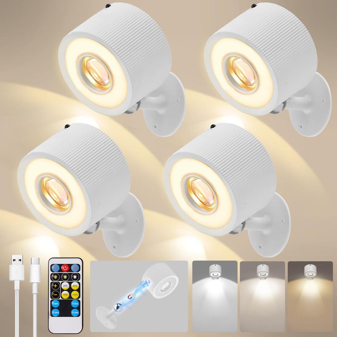 LED Wall Mounted Lights 4 Psc with Remote, 3000mAh Rechargeable Battery Operated Wall Sconces, 3 Lighting Modes & Dimmable, 360Rotate Cordless Wall Light for Bedroom Bedside Reading Study (White)
