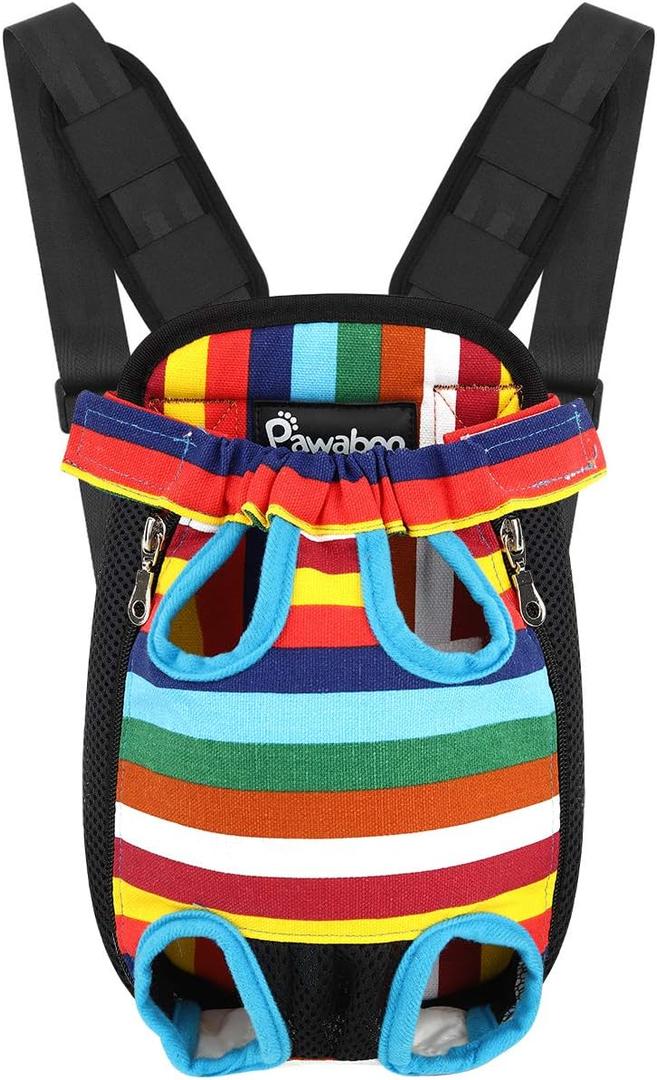 Pawaboo Pet Carrier Backpack, Adjustable Pet Front Cat Dog Carrier Backpack Travel Bag, Legs Out, Easy-Fit for Traveling Hiking Camping for Small Medium Dogs Cats Puppies, Medium, Colorful Strips (F-Colorful Strips)
