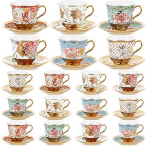 Teenyyou Set of 18 Tea Cups and Saucers Tea Party Decorations Floral Porcelain 5.4 oz British Gift for Women Birthday Party, Church, and Mother's Day (Stylish Style)