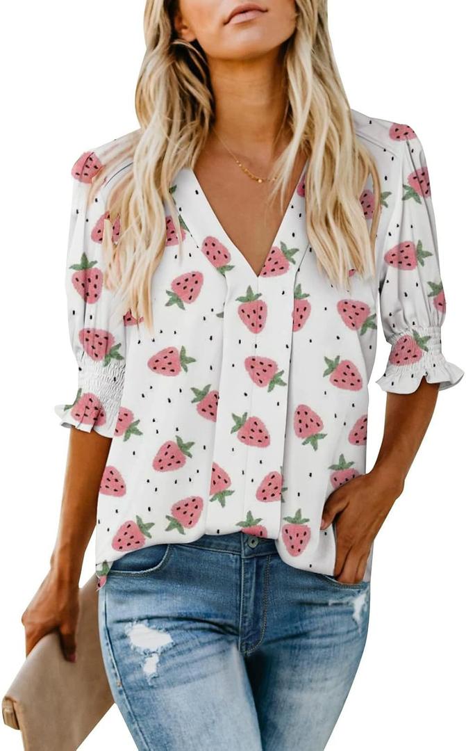 Women's Dressy Smocked Sleeve Deep V Neck Red White Blue American Flag Patriotic Blouses S