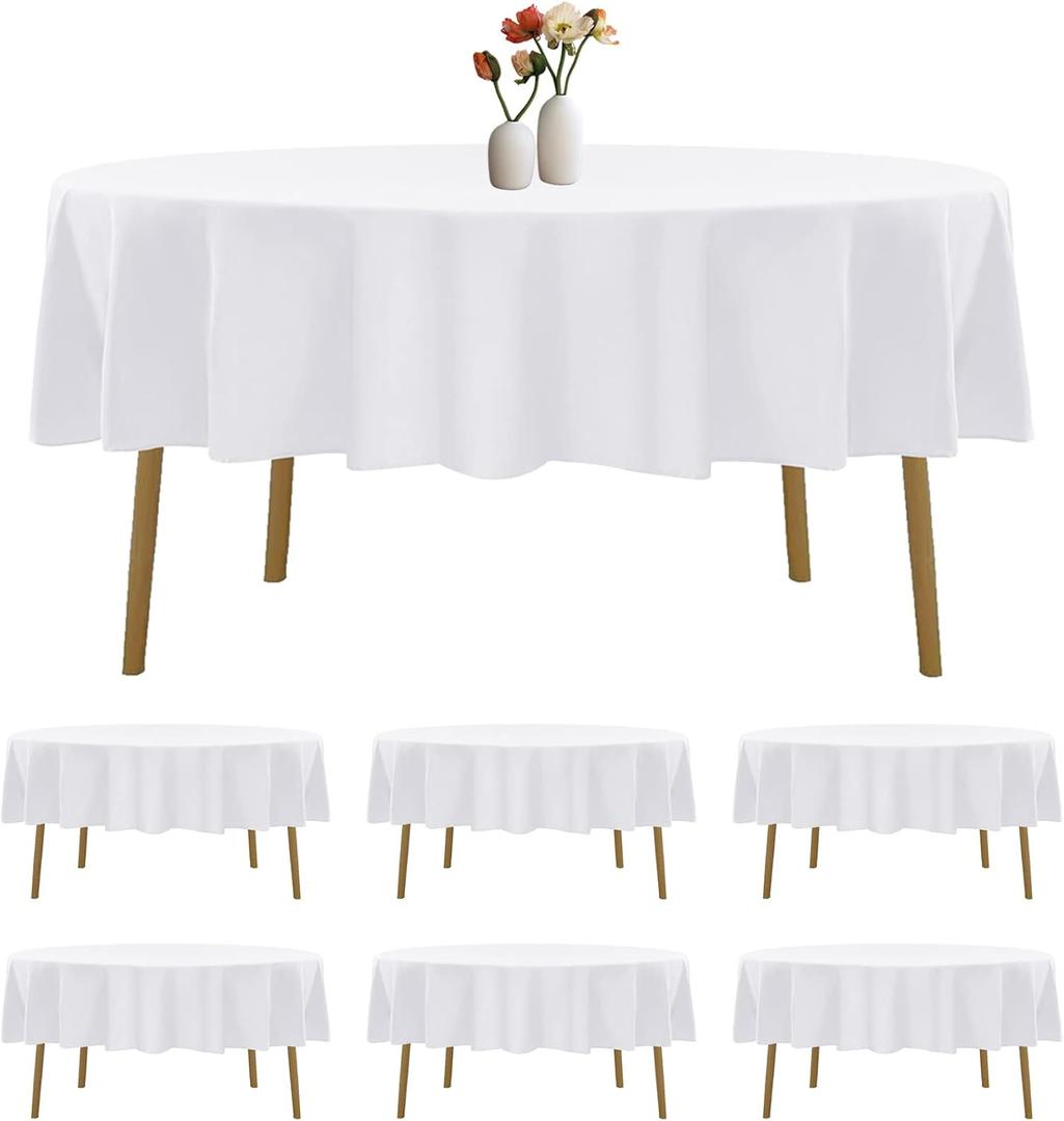 6 Pack Round Tablecloth 90 Inches White Table Cloth Stain and Wrinkle Resistant Washable Polyester Fabric Table Cover for Party, Wedding and Banquet Decoration