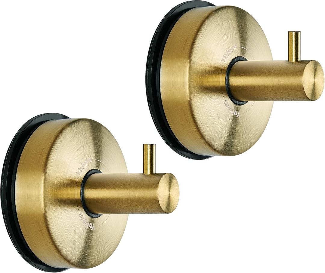 YOHOM Suction Cup Hooks for Shower Towel Holder Stainless Steel Vacuum Bathroom Shower Hook Suction Washcloth Hanger Kitchen Towel Rack for Robe Loofah Wreath Glass Door Window Wall Brushed Gold, 2 Pcs