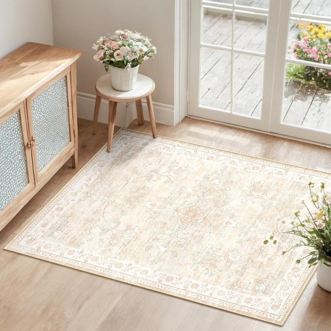 Area Rug 2x3, Vintage Floral Distress Print Pattern, Washable Non-Slip Low-Pile Indoor Carpet for Bedroom, Living Room, Dining Room & Entryway, Cream Coffee Aqua Blue Red