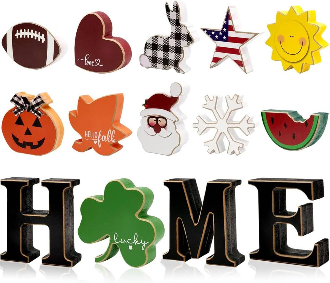 Interchangeable Home Table Signs with 11Pcs Seasonal Icons, Wooden "HOME" Letter Signs Interchangeable Holiday Decorative Table Shelf Centerpiece for Holiday Room Decoration
