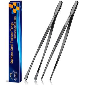 JETKONG 2 Pcs 12-Inch Food Tweezer Tongs, Stainless Steel Kitchen Tweezer Cooking Tweezers (Black)