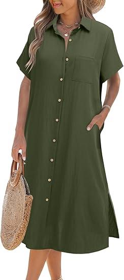 Zeagoo Women Dresses Summer Casual Short Sleeve Button Down Shirt Dresses 2025 Beach Cover Up with Pockets, XL, Army Green