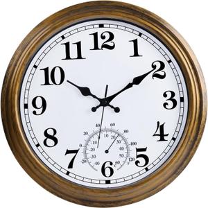 16 Inch Large Outdoor Clock, Retro Waterproof Indoor/Outdoor Clock Non-Ticking Clock with Thermometer, Battery Operated Wall Clock for Patio, Garden, Pool - Bronze
