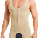 Men Shapewear Tummy Control Bodysuit Waist Trainer Full Body Shaper Fajas Compression Shirts Shorts Slim Belly (Medium-Large, Beige With Hooks)