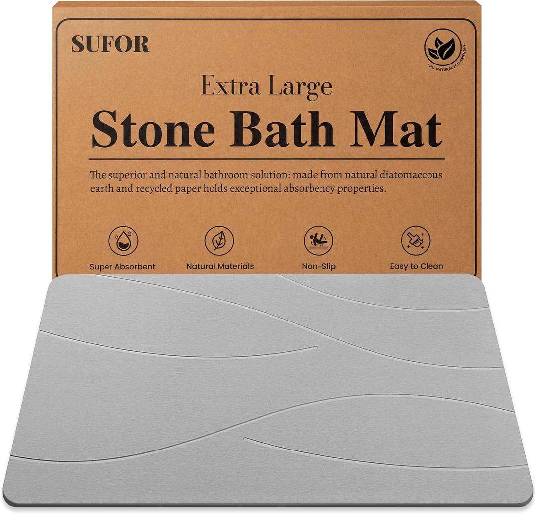 32"x20" Stone Bath Mat, Diatomaceous Earth Shower Mat, Non-Slip Super Absorbent Quick Drying Bathroom Floor Mat, Natural, Easy to Clean (Cloudy Gray)