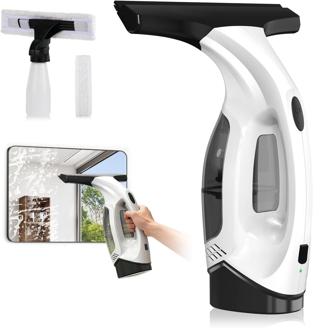 Window Vacuum Squeegee Cordless, 2000Pa Electric Window Cleaner Tool with 2200mAh & 150ml Water Collection Tank, Cleaning Kit Shower Squeegee for Glass Doors, Tiles, Mirrors, Car (White)