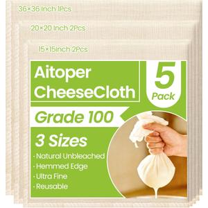 5Pcs Reusable Cheese Cloths, Grade 100, (15x15Inch x2 + 20x20Inch x2 + 36x36Inch), 100% Unbleached Cotton, Ultra Fine Mesh for Cooking, Straining, Crafts, Baking, Hemmed Edges