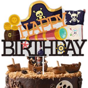 Pirate Happy Birthday Cake Topper Black Glitter Cake Decorations Pirate Ship Nautical Sailing Treasure Adventure Kids Boys Men Pirate Themed Party Supplies