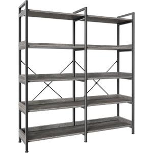Huuger 5 Tier Bookshelf, Display Bookshelf with 10 Open Shelves and Raised Baffle, 47.2 Inch Straight Wide Bookcase with Metal Frame and Wooden Board, Adjustable Feet, Grey
