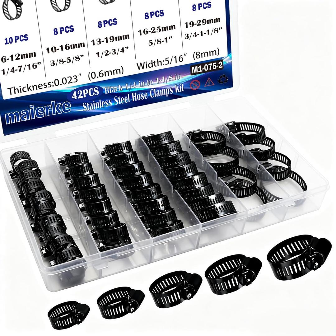 42PCS Black Stainless Steel Hose Clamps Assortment Kit,Metal Adjustable 1/4''1-1/8''(6-29mm) Worm Gear Hose Clamp Small Hose Clamps for Automotive,Radiator Pipe,Plumbing,Fuel Line