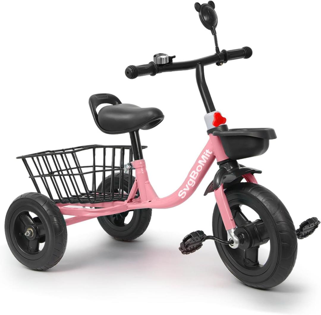 Children's Tricycle for 2-5 Years Old, Anti-tip-Over Pedal Bike, Iron Material Anti-Puncture Hand dip Plastic Rear Storage Basket, Rubber Tires, Gifts for Boys and Girls (Pink)