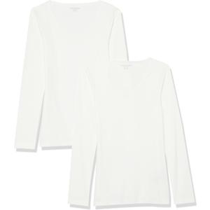 Amazon Essentials Womens Slim-Fit Layering Long Sleeve Knit Rib V-Neck Shirts (Small, White)