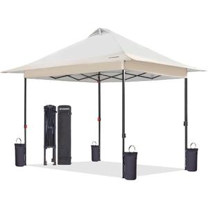 FUNDANGO 10x10 Pop Up Canopy Tent, Beach Canopy Tent, Outdoor Sunshade Canopy with Quick Open Frame, Extra Eave&Wheeled Carry Bag, Silver Coated top, Khaki