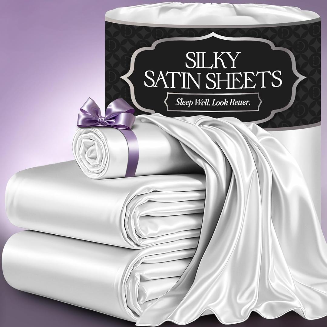 DECOLURE Satin Bed Sheets - 3 Piece Luxury Silky Twin Size Bedding Set - Softer Than Silk, Wrinkle-Free with 15 Deep Pocket Fitted Sheet, Perfect for Hair & Skin, Gifts for Women (White)