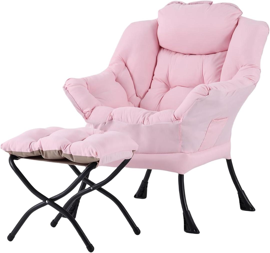 Welnow Lazy Chair with Ottoman, Modern Reading Lounge Accent Chair with Armrests and a Side Pocket, Leisure Upholstered Lazy Sofa Set with Footrest for Small Space (Pink)