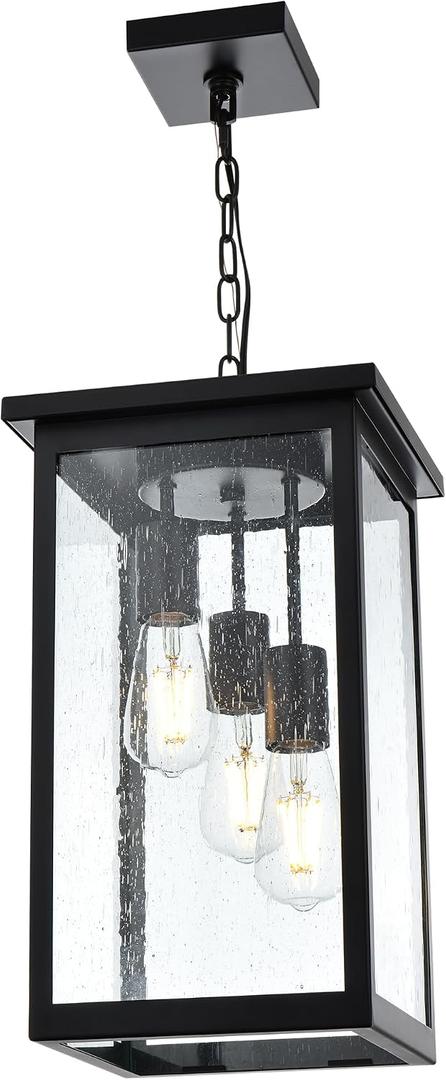 TODOLUZ 3-Lights Large Outdoor Pendant Light, Black Porch Ceiling Lighting Fixtures with Seeded Glass Panel, Exterior Hanging Lantern Adjustable Chain for Yard Entryway Patio, Seeded Glass, Black, 3-Light