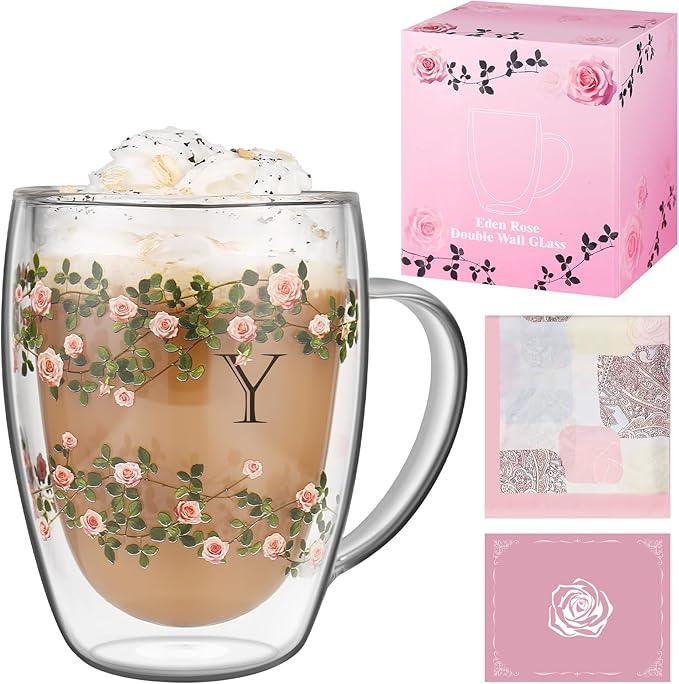Aoshin Initial Glass Cup for Women, 12 Oz Rose Double Walled Glass Coffee Mugs, Personalized Gifts for Women, Initial Coffee Tea Mug with Scarf, Birthday Wedding Gifts for Her Mom Teacher (ROSE-Y)