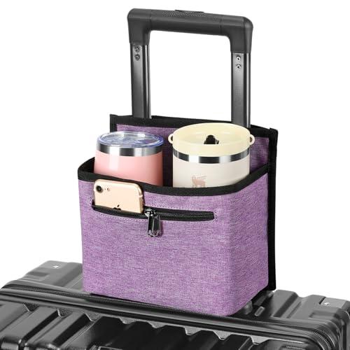 ZHCHG Luggage Travel Cup Holder Attachment for Suitcase Drink Carrier Caddy, Coffee Mug and Tumblers, Traveler Carry on Hands Free Accessory- Gifts for Flight Attendants Travelers Accessories (Purple)