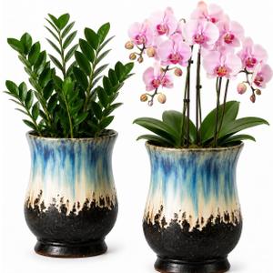 Set of 2 10 Inch Ceramic Plant Pots with Drainage Hole, Handmade Terracotta Planter Vases, Reactive Blue Glaze Flower Pots for Indoor Outdoor Plants, Decorative Garden Pots Gift, Set of 2, 9.8 Inch Each