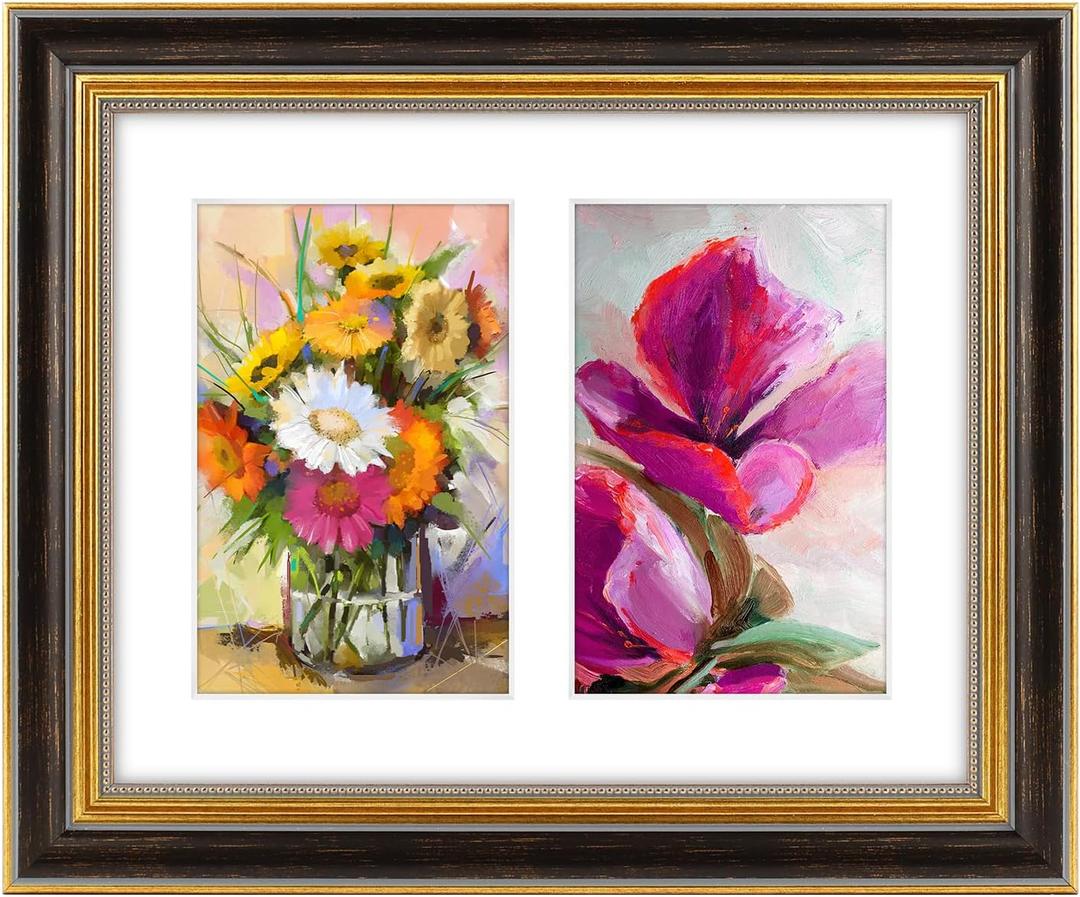 Golden State Art,8x10 Ornate Double Picture Frame Display Two 4x6 Photos with Mat or 8x10 Prints without Mat,Collage Picture Frame with Easel Stand(Black Gold)
