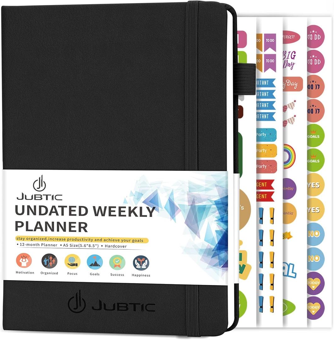 JUBTIC Undated Planner Weekly and Monthly Productivity Daily Planners Agenda Calendar to Do List Notebook A5 Organization Journal with Stickers Appointment Book for Time Management 2026 (Black)