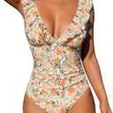 CUPSHE Women's Ruffled One Piece Swimsuit V Neck Lace Up (Medium, Orange Ditsy Print)