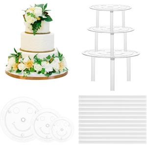 Thinp 15 Pcs Cake Dowels Rods with 3 Cake Boards Set, 4 6 8 Inch Plastic Tiered Cakes Supports, Reusable Hollow Stacking Dowels for Wedding Birthday Party Cakes Construction Supplies