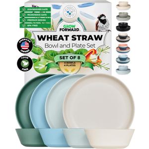 Grow Forward Premium Wheat Straw Plates and Bowls Sets - 8-Piece Wheat Straw Dinnerware Sets - Unbreakable & Reusable Microwave Safe Plastic Dinner Plates for Outdoors, RV, Camping Dishes - Oasis
